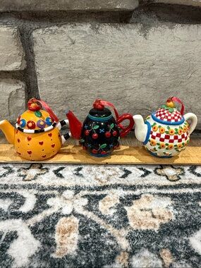 Mary Engelbreit Hand-Painted Teapot Ornaments - Yellow, Black, White